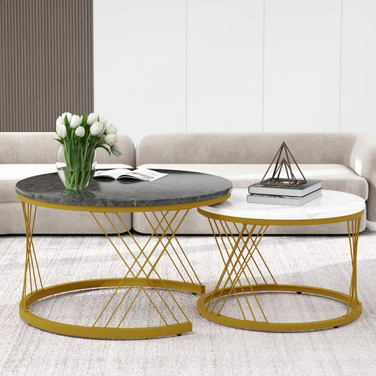 Round Coffee Table, Modern Coffee Table Set Of 2 Marble Pattern Top With Metal Frame, Small Side Table, End Table For Living Room, Bedroom, Home Office, Farmhouse, White And Black