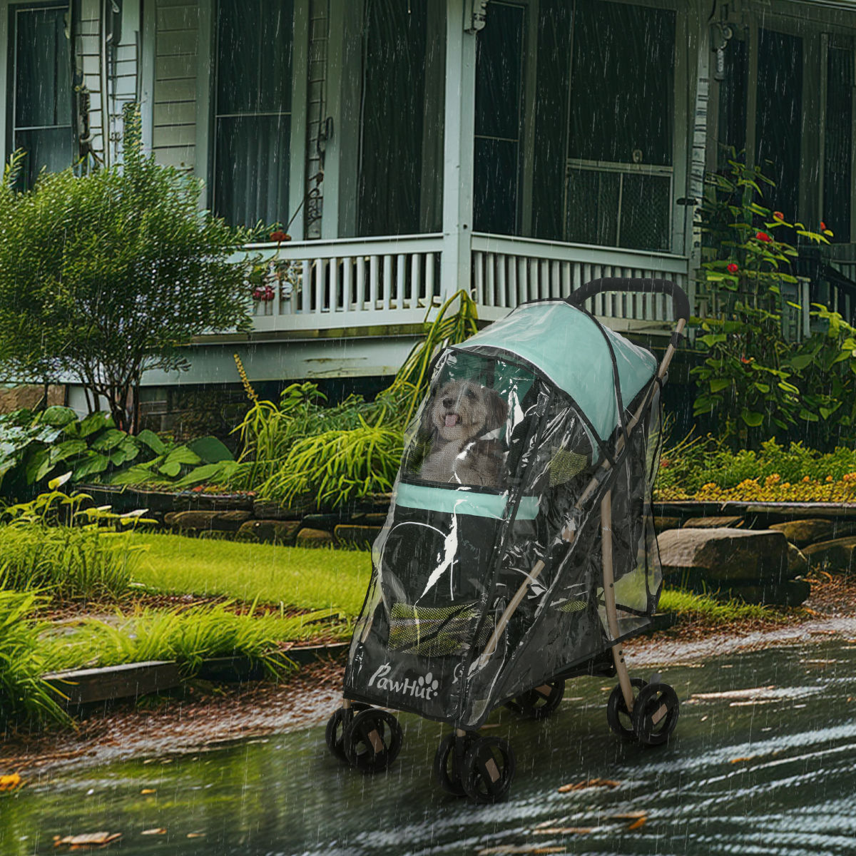 PawHut Pet Stroller For Small And Miniature Dogs, With Rain Cover - Green