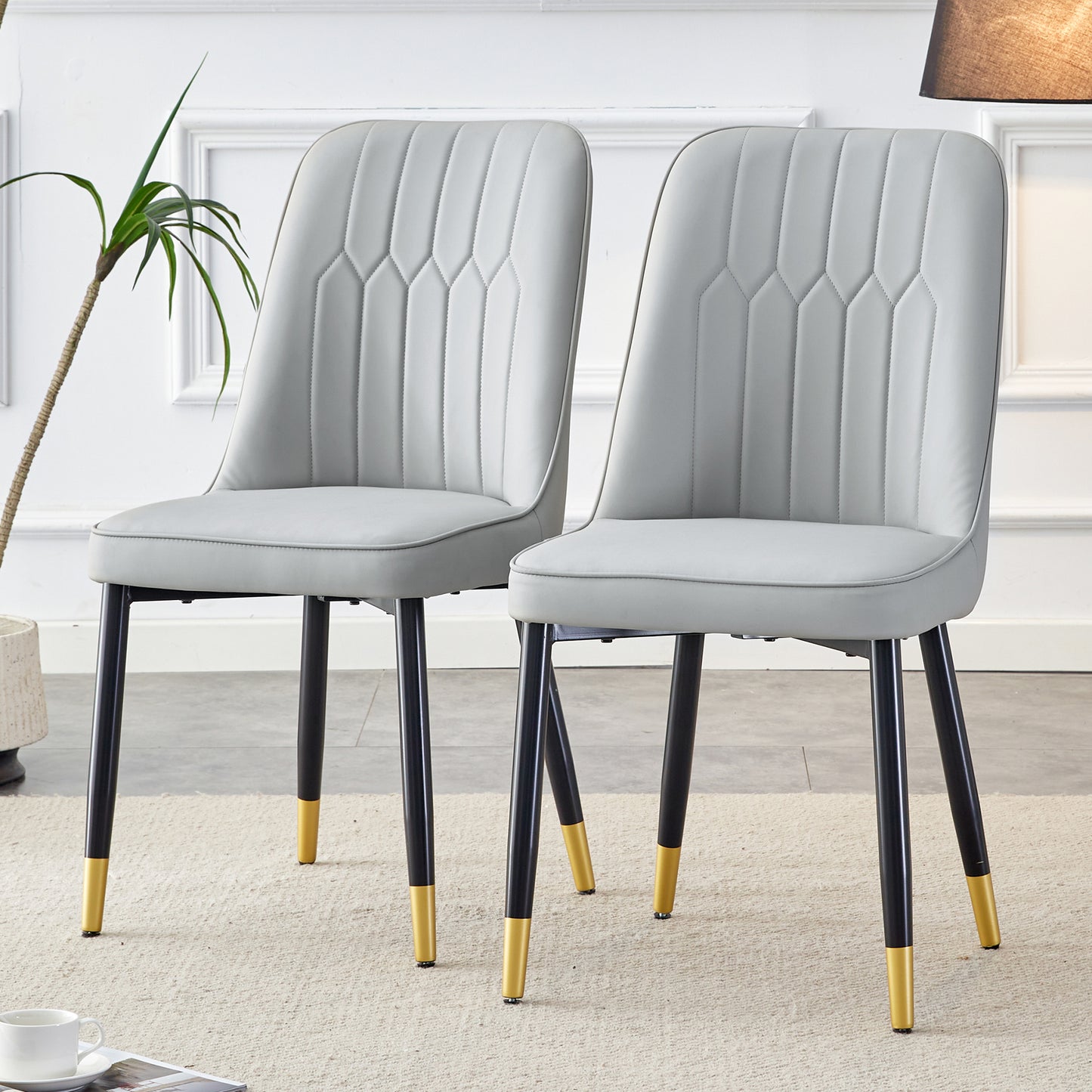 Light Gray Dining Chairs And Living Room Chairs. PU Material And Metal Legs, Suitable For Kitchen, Living Room, And Dining Room, 2 Piece Set  Light Gray PU C-007