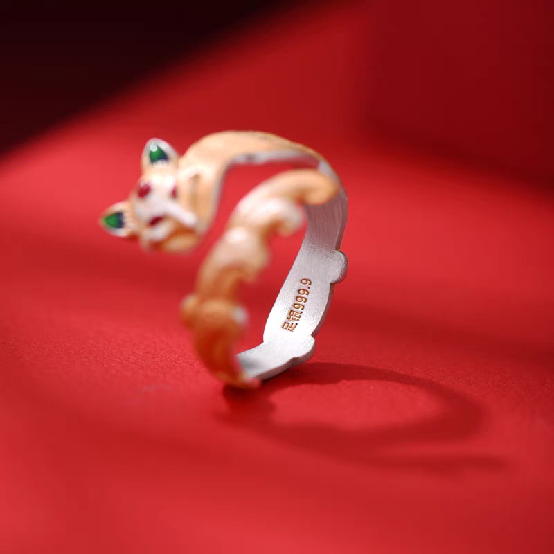 1pc 999.9 Sterling Silver Enamel Fox Open Ring, Retro Chinese Style, Perfect For Daily Wear & Valentine's Day Gift