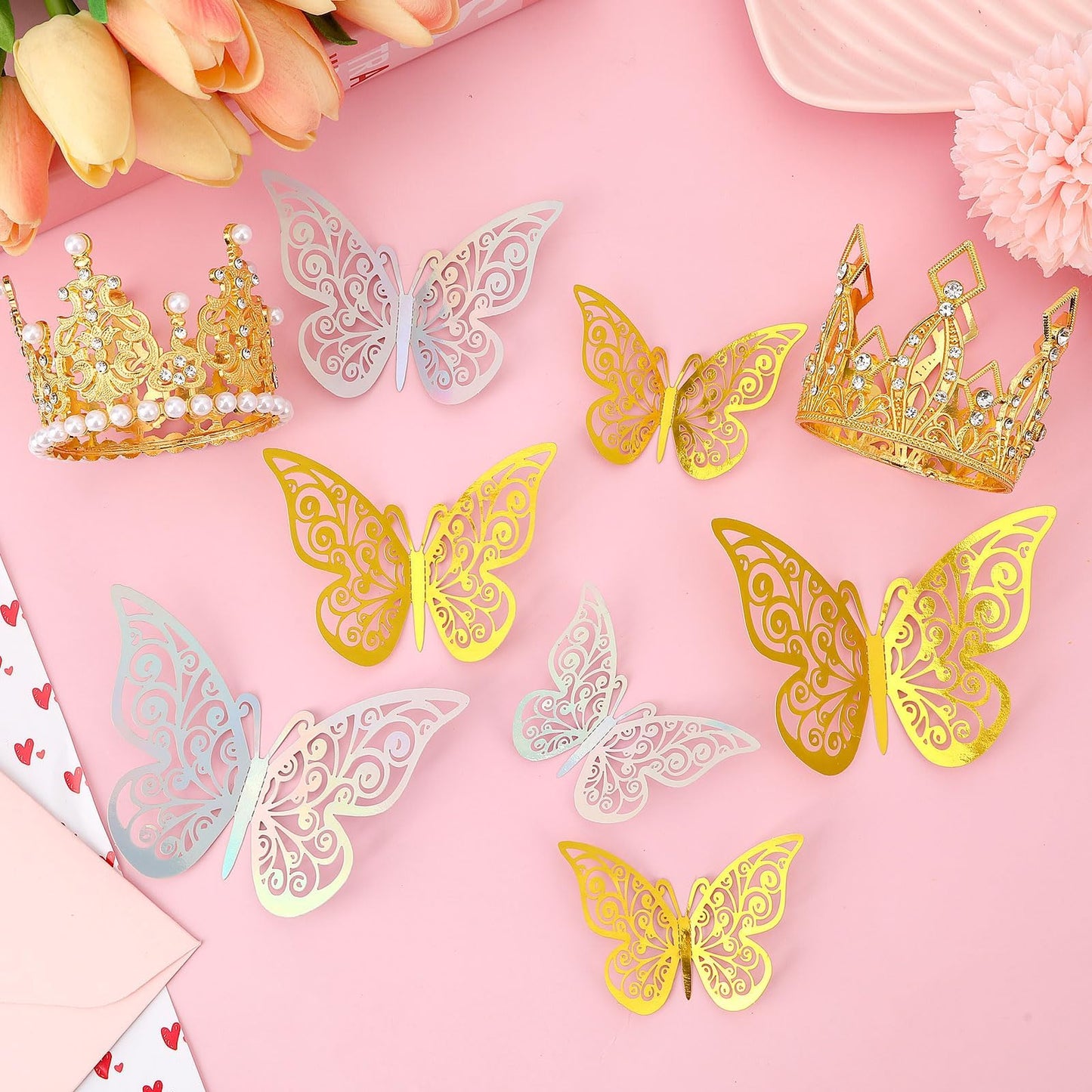 Flower Bouquet Accessories Set 24pcs 3D Hollow Butterflies 2pcs Gold Crowns 2 Tubes Of Sliver Glitter Powder,Mini Crowns For Mothers Day Cake Decoration Flower Accessories For Wedding Party