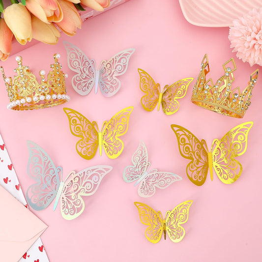 Flower Bouquet Accessories Set 24pcs 3D Hollow Butterflies 2pcs Gold Crowns 2 Tubes Of Sliver Glitter Powder,Mini Crowns For Mothers Day Cake Decoration Flower Accessories For Wedding Party