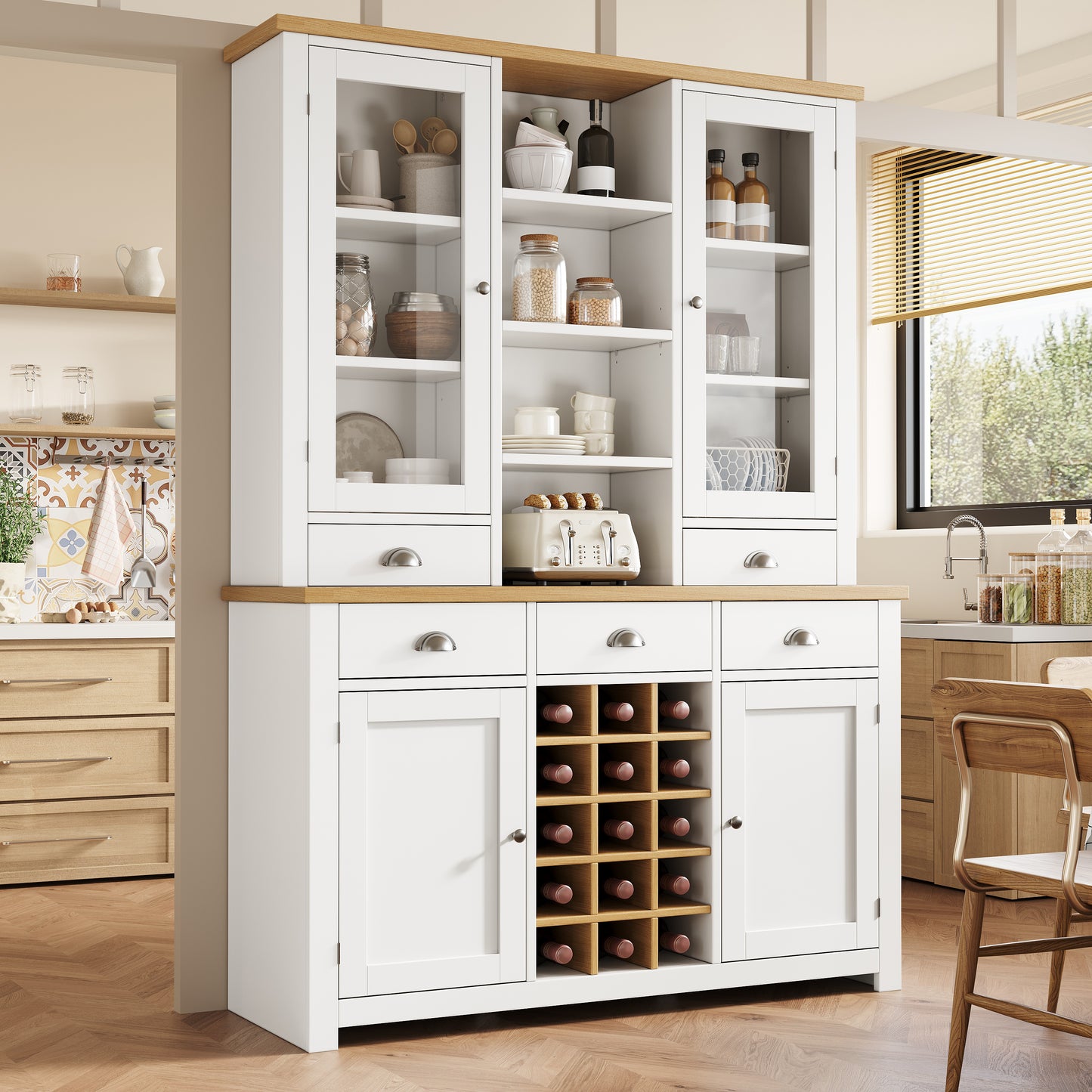 Kitchen Pantry Cabinet With Wine Rack, 185cm Tall Storage Cabinet With Glass Doors, 5 Drawers & Adjustable Shelves, White