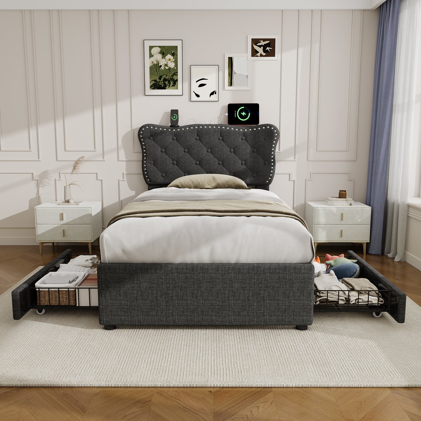3ft Single Upholstered Bed With Rivet Design And Charging Station, Two Storage Drawers, Adjustable Button Tufted Headboard With USB & Type-C Ports, No Box Spring Needed, Linen, Grey  No Mattress