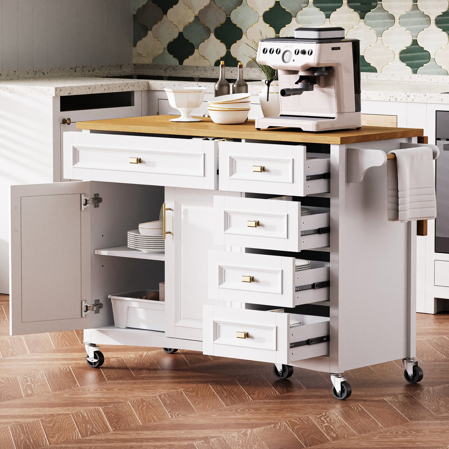 K&K 52   Kitchen Island With Drop Leaf, Embossed Texture Kitchen Island On Wheels With Spice Rack, Towel Rack, 2 Doors And 5 Drawers, Kitchen Storage Cart With Adjustable Shelf For Kitchen, White