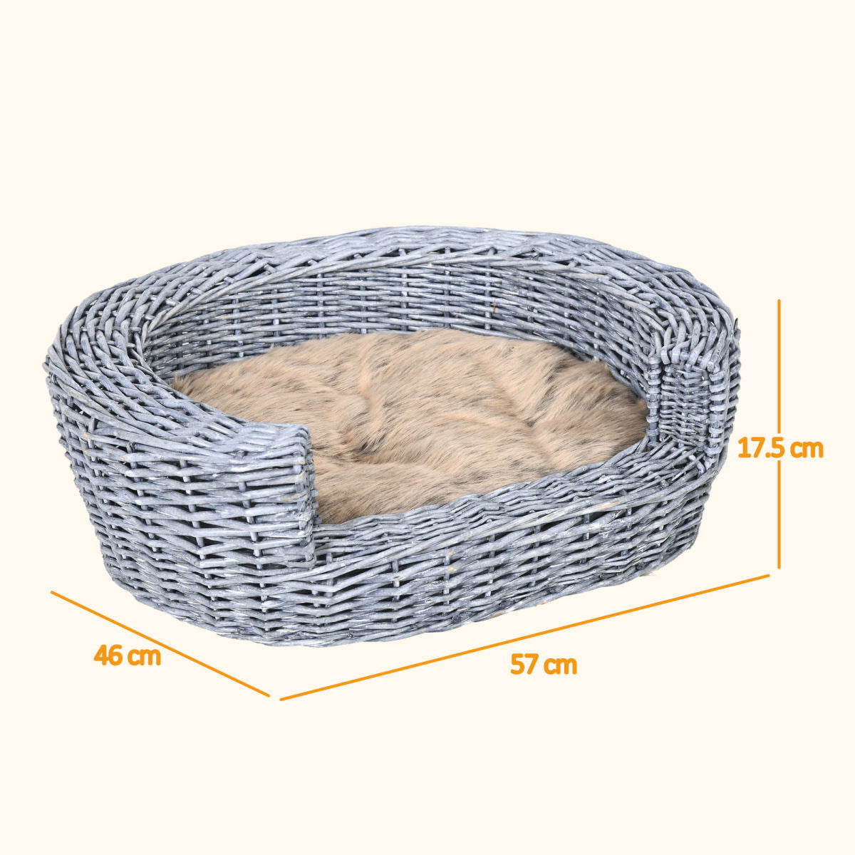 PawHut Wicker Pet Bed Willow Dog Cat Sofa Couch Puppy Basket With Cushion Grey 57L X 46W X 17.5H Cm
