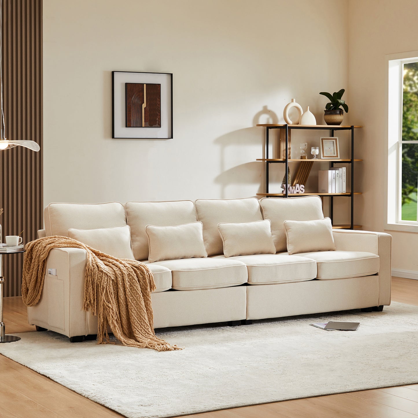 Modern 4 Seater Linen Fabric Sofa, Four Seater Sofa With Armrest Pockets And 4 Cushions, Simple Style Sofa, Suitable For Living Room, Apartment, Office, 3 Sofa Color Options