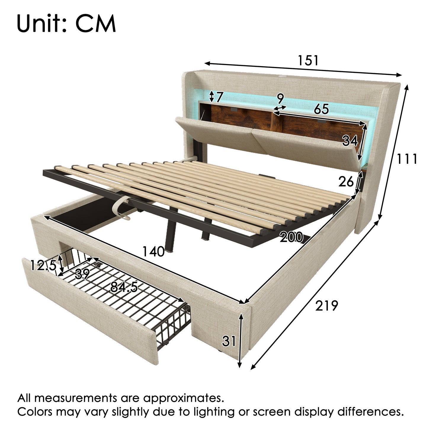 Upholstered Bed 140x200 Cm With Hydraulic Storage And Headboard With Storage Compartment, LED Lighting And USB & USB-C Port, Wooden Slatted Bed Frame, Beige, Linen, Without Mattress