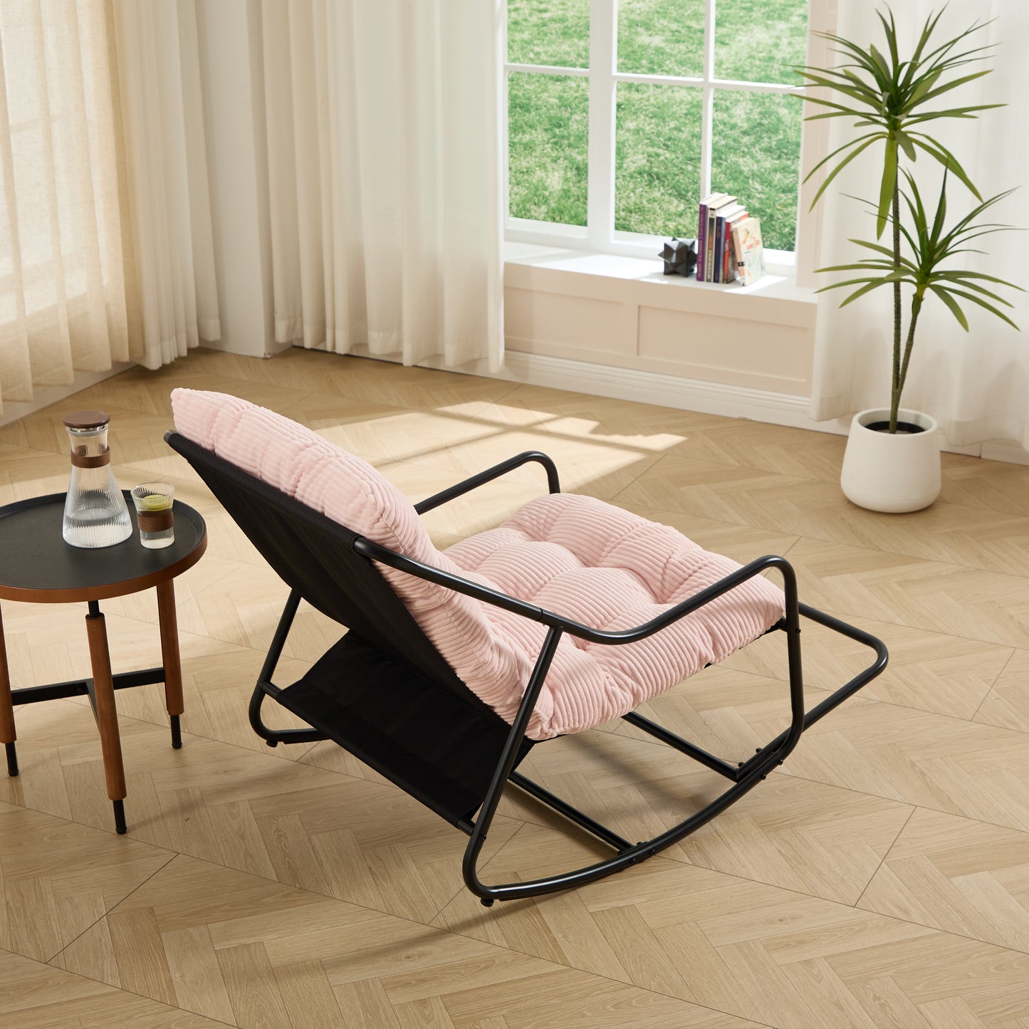 Outdoor Rocking Chair, Comfy Cushion, With Soft Thick Cushion,for Living Room, Bedroom, Reading Room, Black Frame With   Cushion