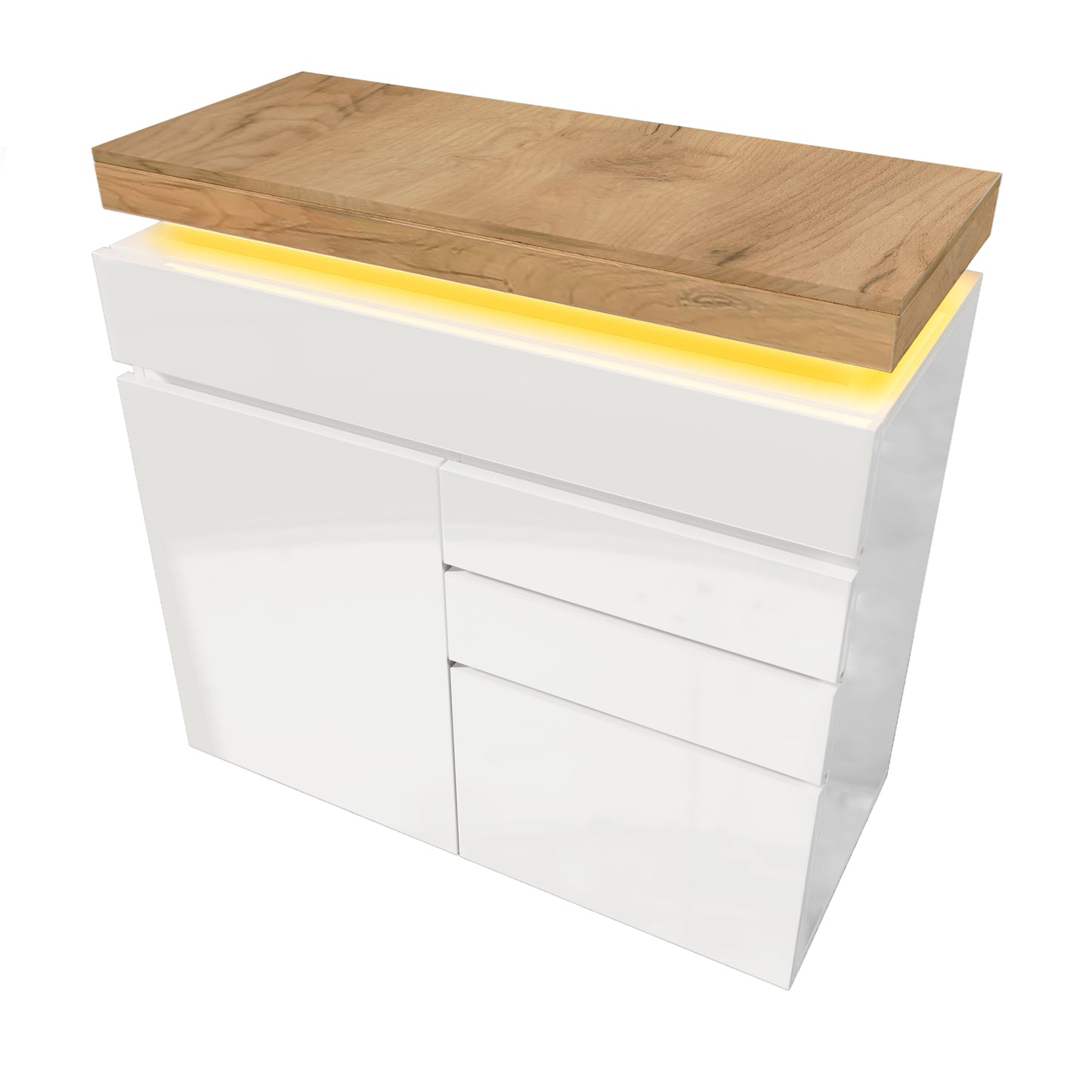 Chest Of Drawers, High-gloss Sideboard With 2 Doors And 3 Drawers, LED Lighting  App Control , Multi-purpose Wardrobe For Living Room And Bedroom, 115 X 110 X 39 Cm, White