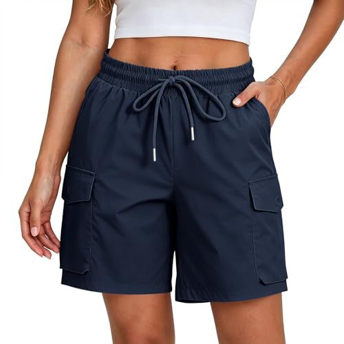 Summer New Quick Drying Workwear Shorts For Women, With Elastic Drawstring, High Waist, Multiple Pockets, Loose Five Quarter Pants, Outdoor Hiking, Leisure And Sports Shorts