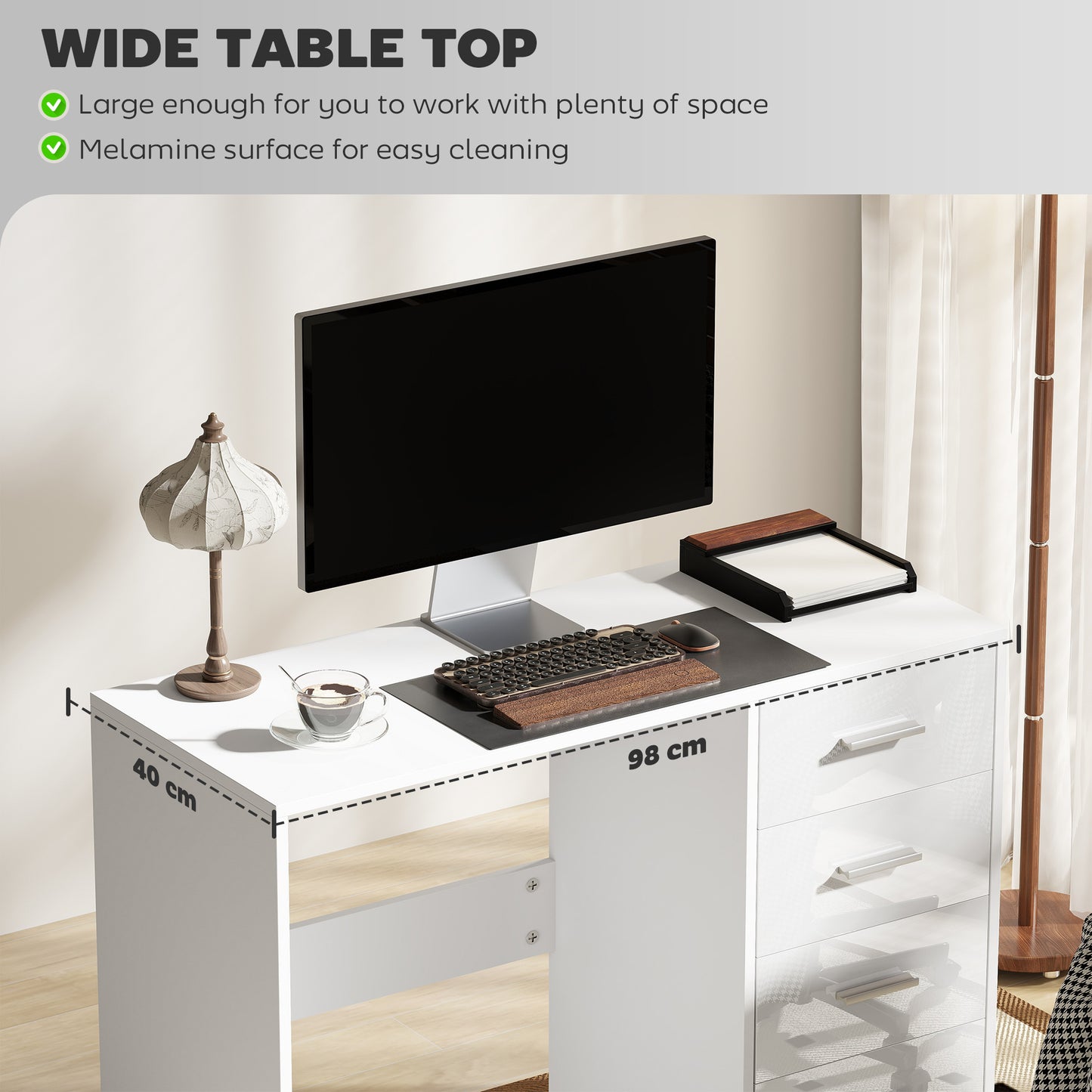 Computer Desk With Drawers, Dressing Table, High Gloss Home Office Writing Workstation, White