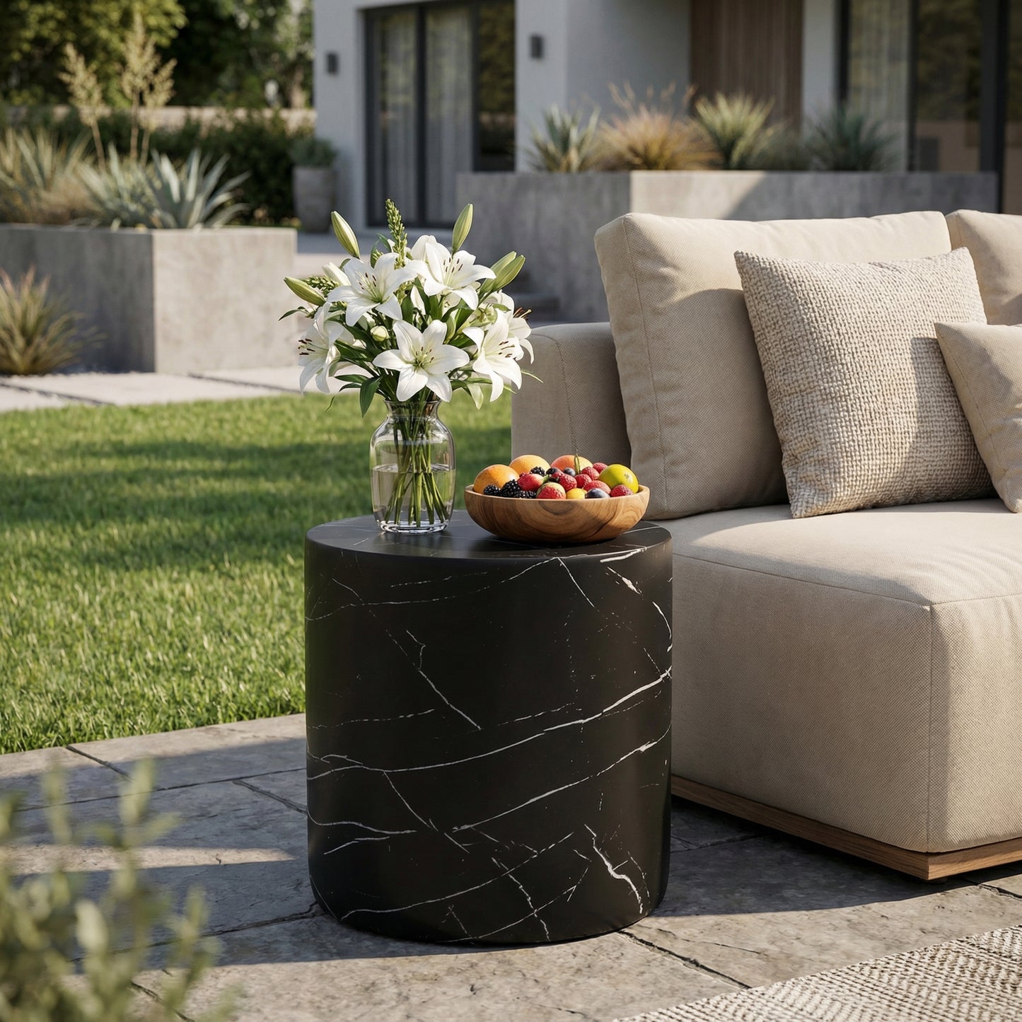 Outdoor Lightweight Concrete MGO Side End Table , Living Room Accent Table,Black Marble