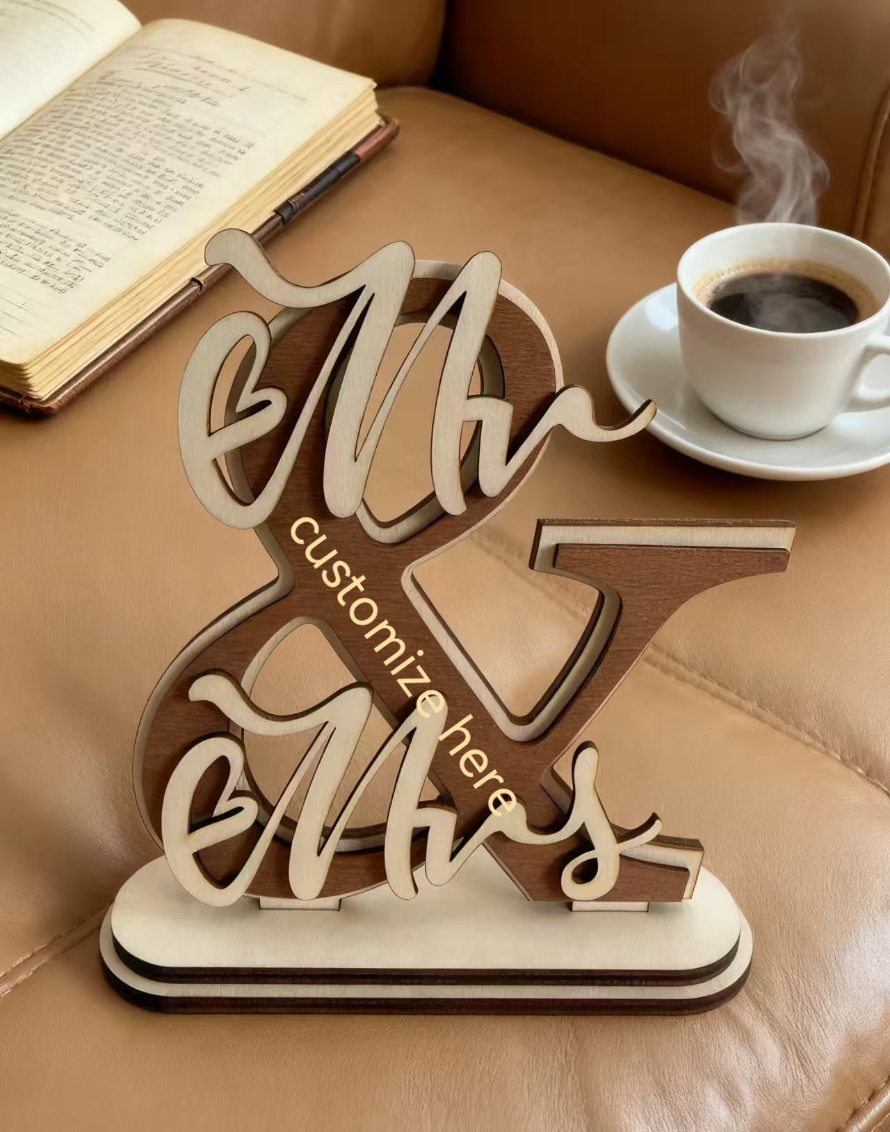 Personalized Ampersand & Mr Mrs Wooden Table Sign With Base, Custom Engraved Couple Names & Wedding Date Freestanding Wood Decor, Wedding Sweetheart Table Centerpiece, Anniversary Engagement Keepsake