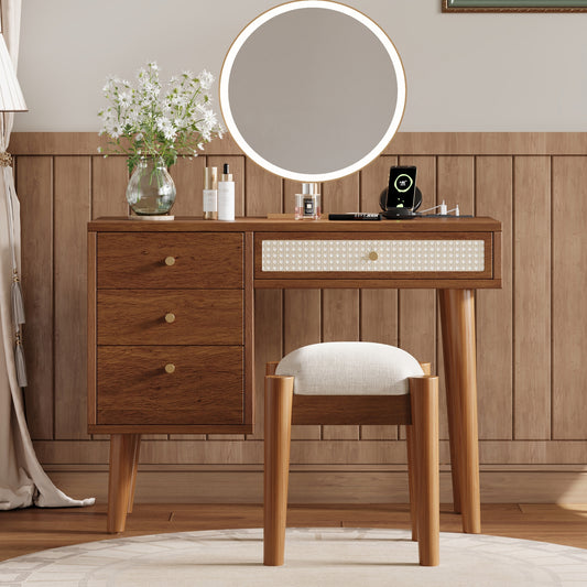 39  Retro Bohemian Style Wooden Makeup Vanity Set With Charging Plug&USB Port And Stool, Dressing Table With 3 Storage Drawers And 1 Rectangular Rattan Drawer, Walnut