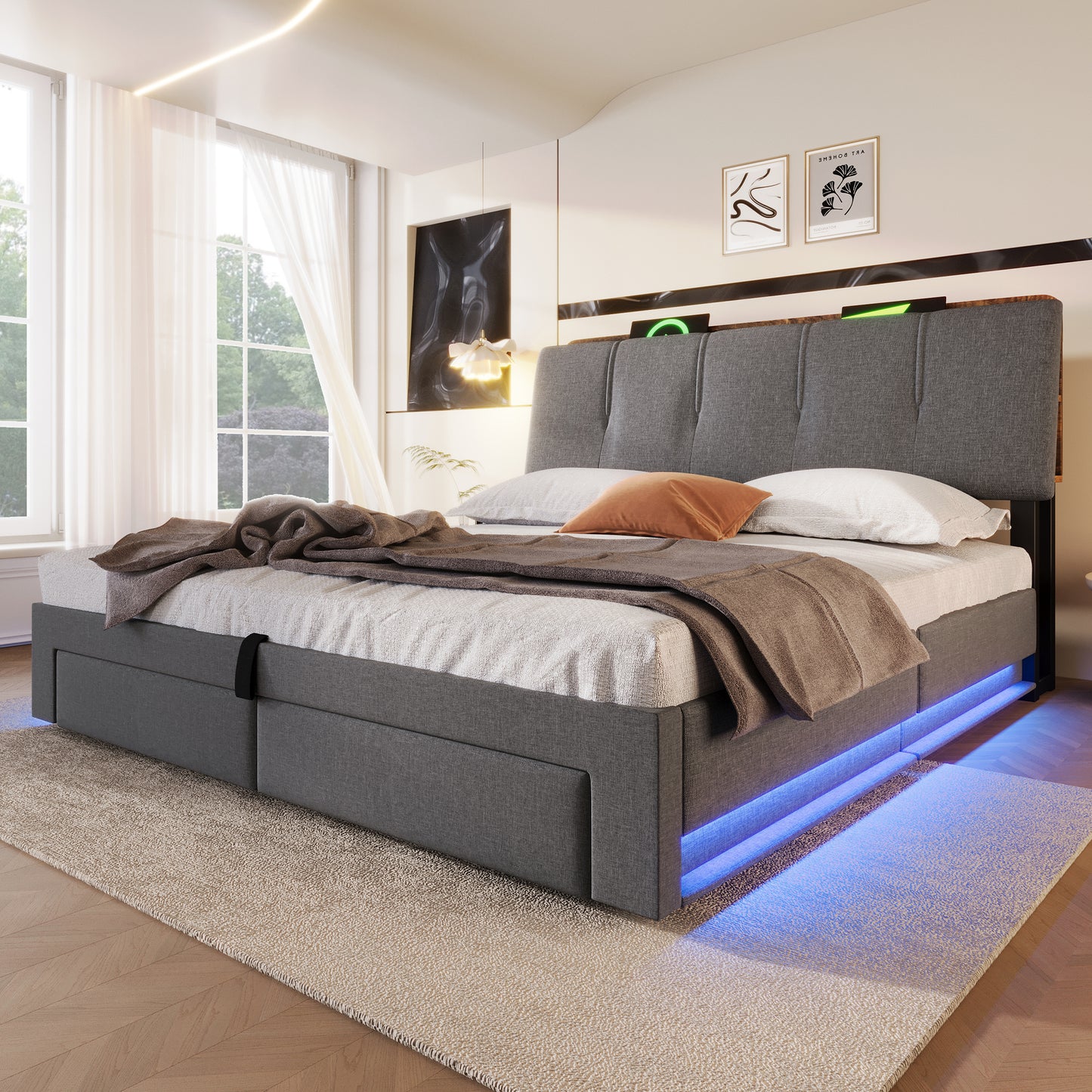 Upholstered Bed , 140x200 Cm, Hydraulic Storage, With USB Type-C Charging Function,Without Mattress,Multifunctional Storage, LED Lighting, Push-button Appdien, Linen, Grey