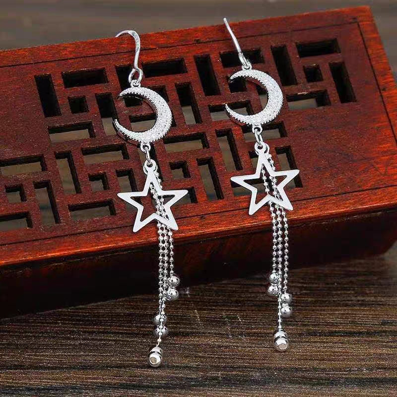 1 Pair 999 Sterling Silver Moon & Star Long Tassel Earrings, Shiny & Elegant, Perfect For Daily, Party & Dating, Ideal Valentine's Gift