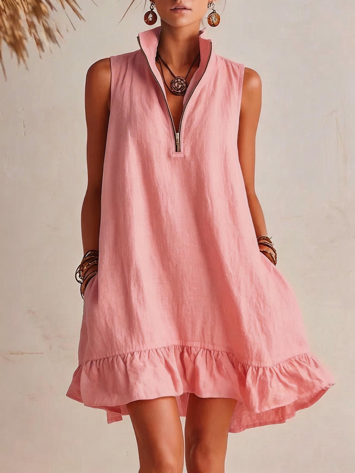 Womens New Fashion Casual Loose Sleeveless Dress HalfZip With Ruffled Hem