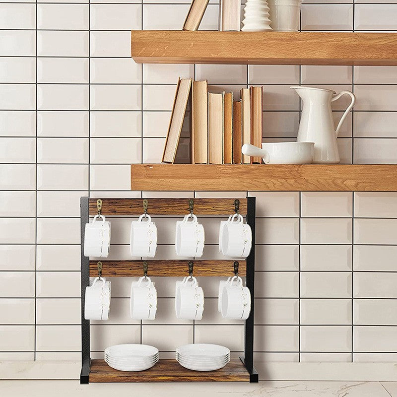 Tabletop Wood Cup Storage Rack Display Shelf Coffee Mug Holder Desk Space Saving