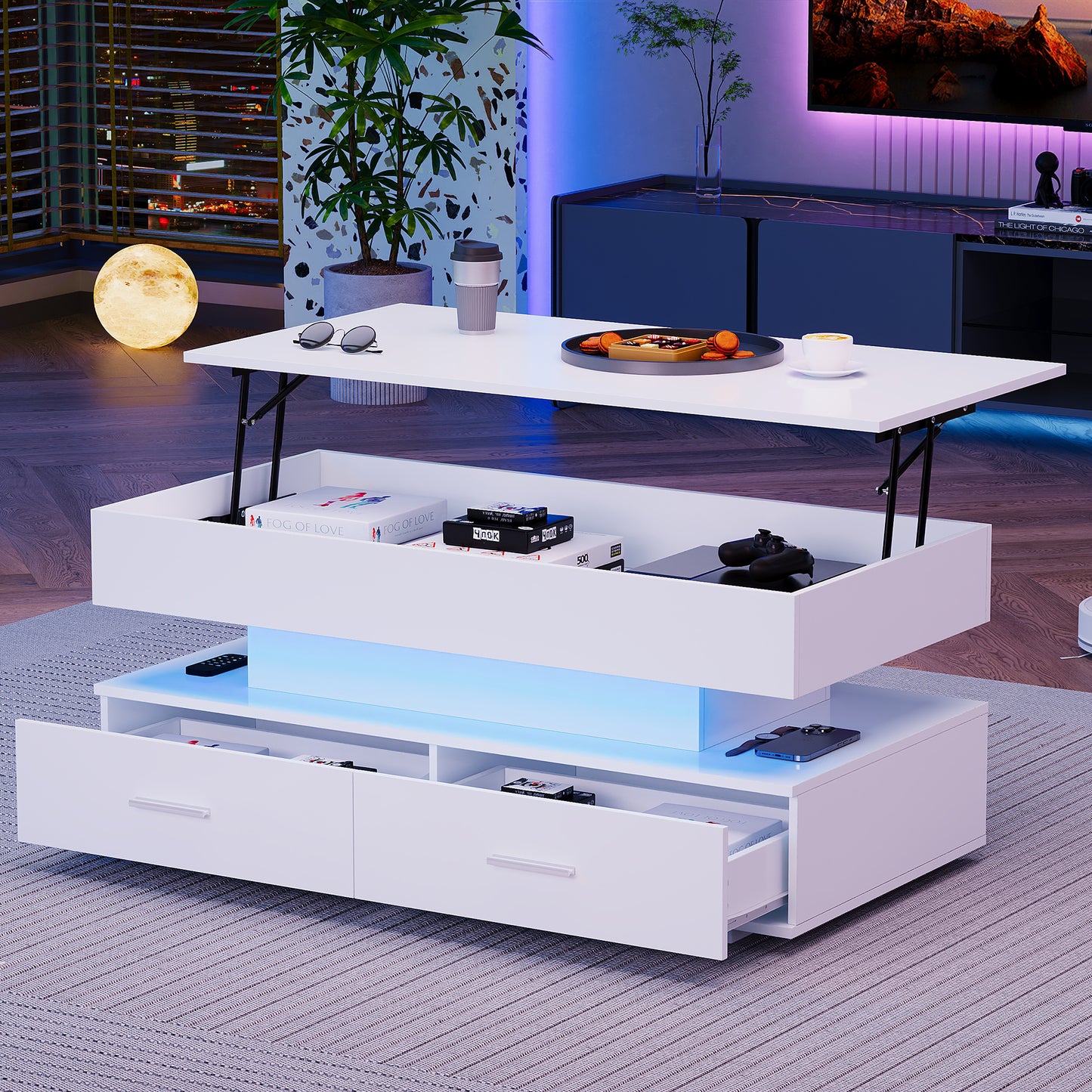 100x50x44cm Hydraulic Height Adjustable Coffee Table, With LED Lighting, Bluetooth APP Control, 2 Drawers And Open Storage,White Liftable Coffee Table