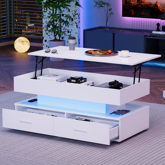 100x50x44cm Hydraulic Height Adjustable Coffee Table, With LED Lighting, Bluetooth APP Control, 2 Drawers And Open Storage,White Liftable Coffee Table