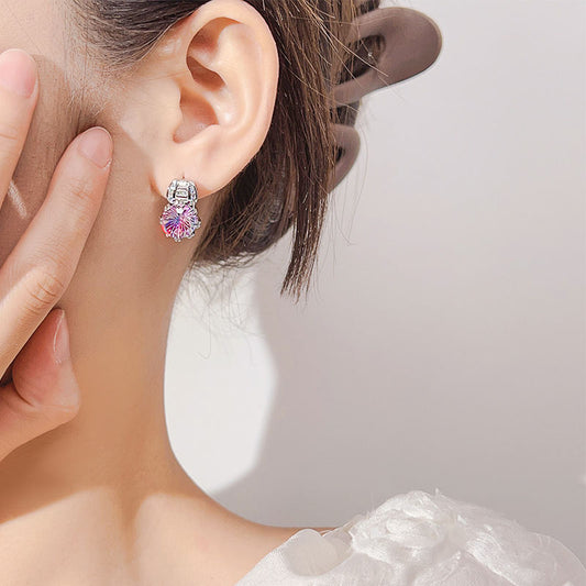 Light Luxury Vivid Earrings For Women, Firework Cut Simulated Zirconia Ear Jewelry With Rose Red Tone & Paraiba Tone Green Stones, Versatile Fashion Accessories