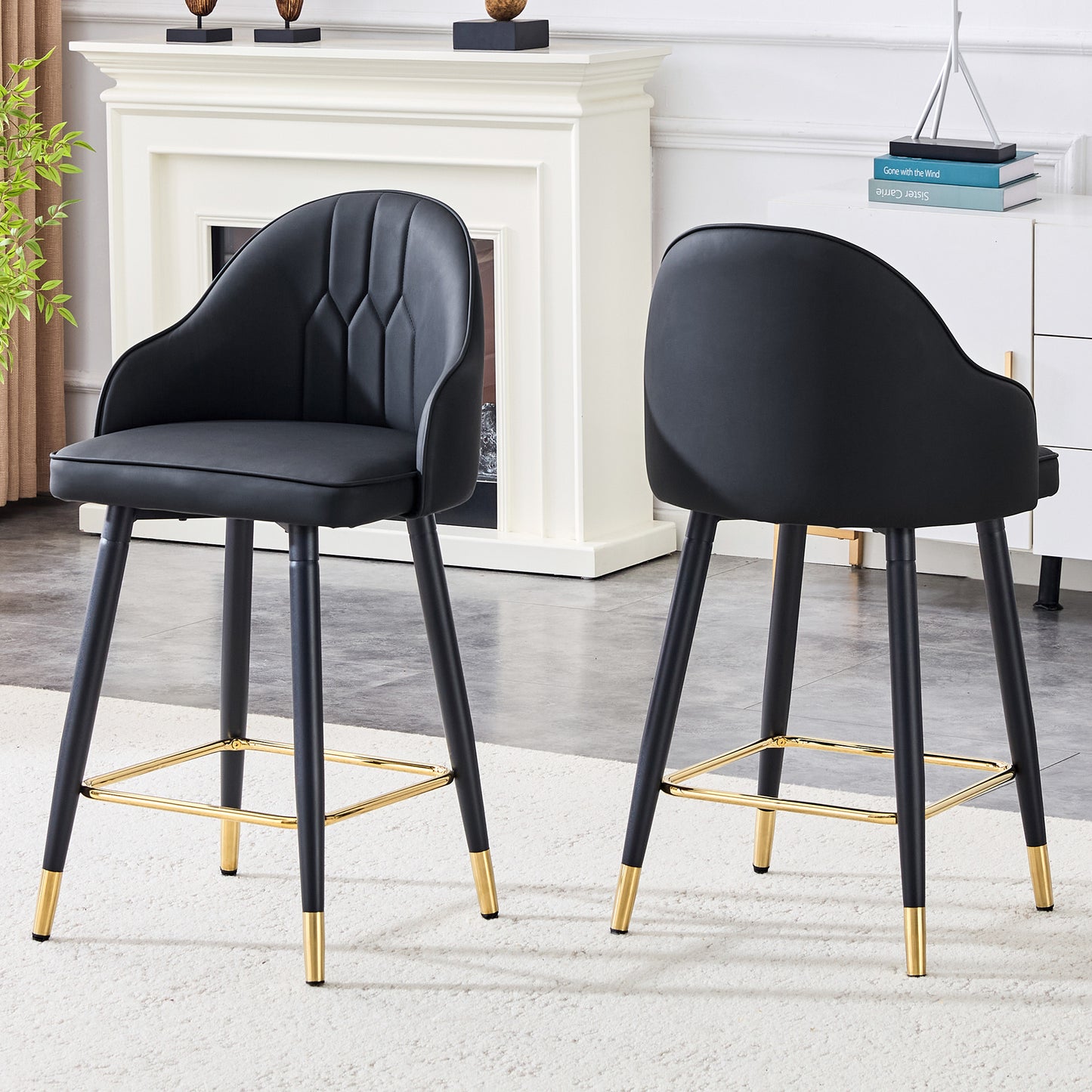 Set Of 2 Black PU Leather Bar Stools,37.7in High, 25in Seat Height, Gold Accent Footrest, Ideal For Kitchen Island, Home Bar & Dining Area, Available In Light Gray, White & Dark Gray Splicing Colors.