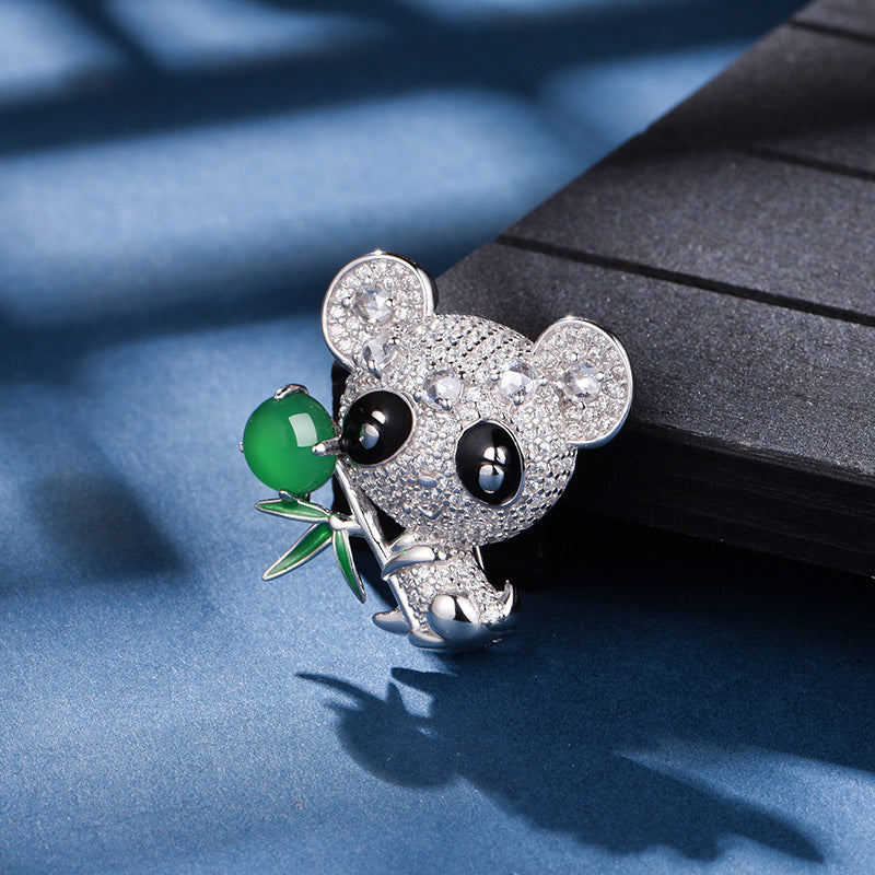 S925 Sterling Silver Panda Brooch 5g 8x6mm Oval Green Chalcedony Pave Rhinestone Platinum Plated Cute Animal Design Gift Box