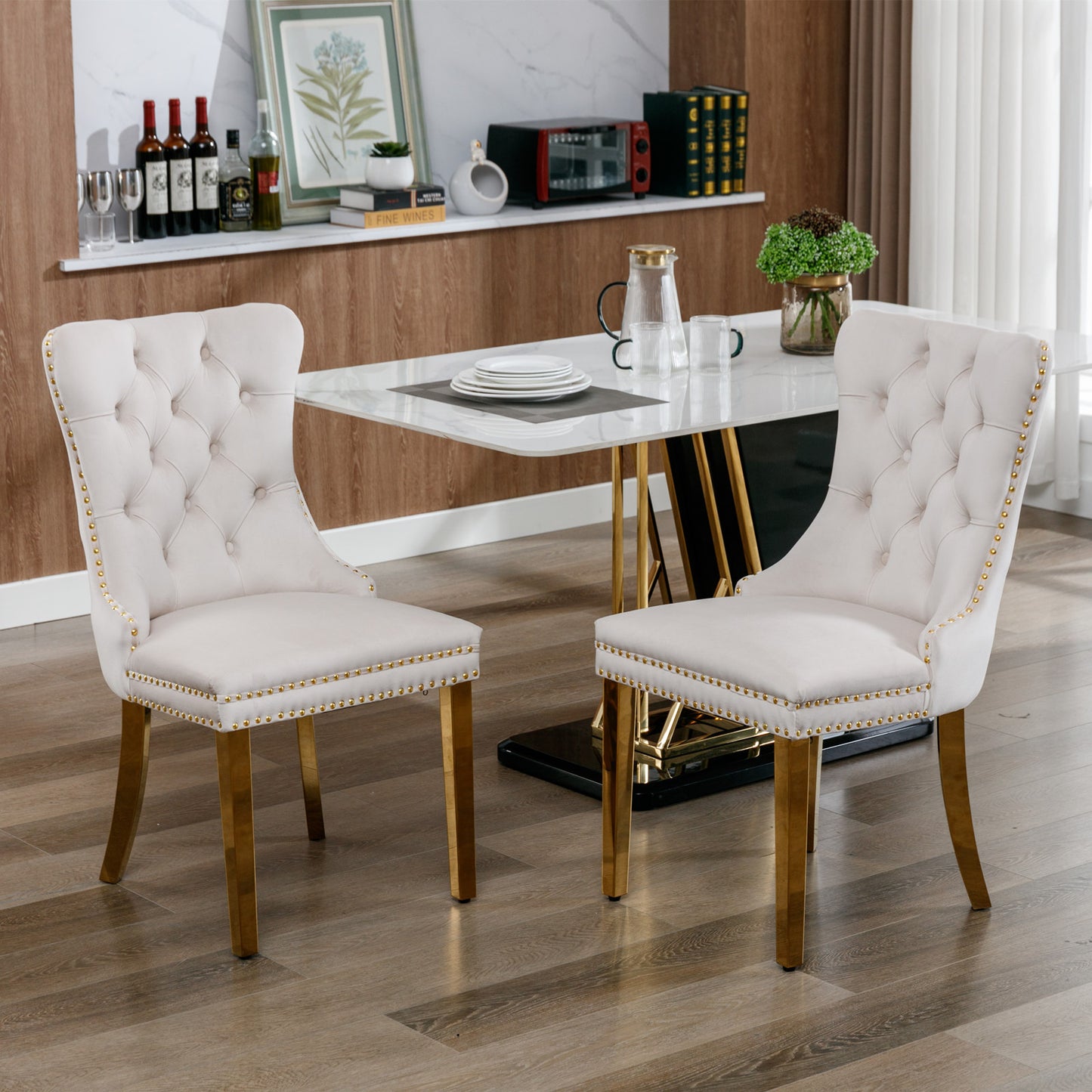 A&A Furniture,Nikki Collection Modern, High-end Tufted Solid Wood Contemporary Velvet Upholstered Dining Chair With Golden Stainless Steel Plating Legs,Nailhead Trim,Set Of 2, Biege And Gold