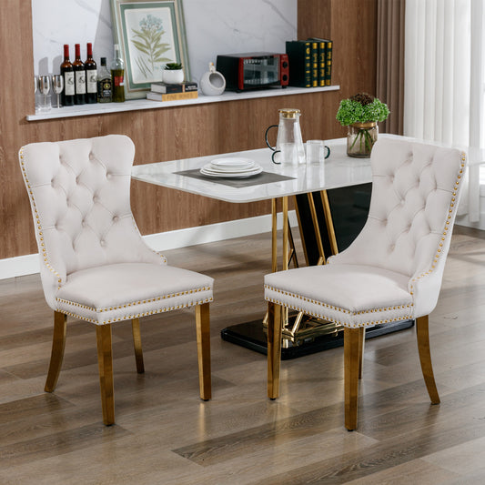 A&A Furniture,Nikki Collection Modern, High-end Tufted Solid Wood Contemporary Velvet Upholstered Dining Chair With Golden Stainless Steel Plating Legs,Nailhead Trim,Set Of 2, Biege And Gold