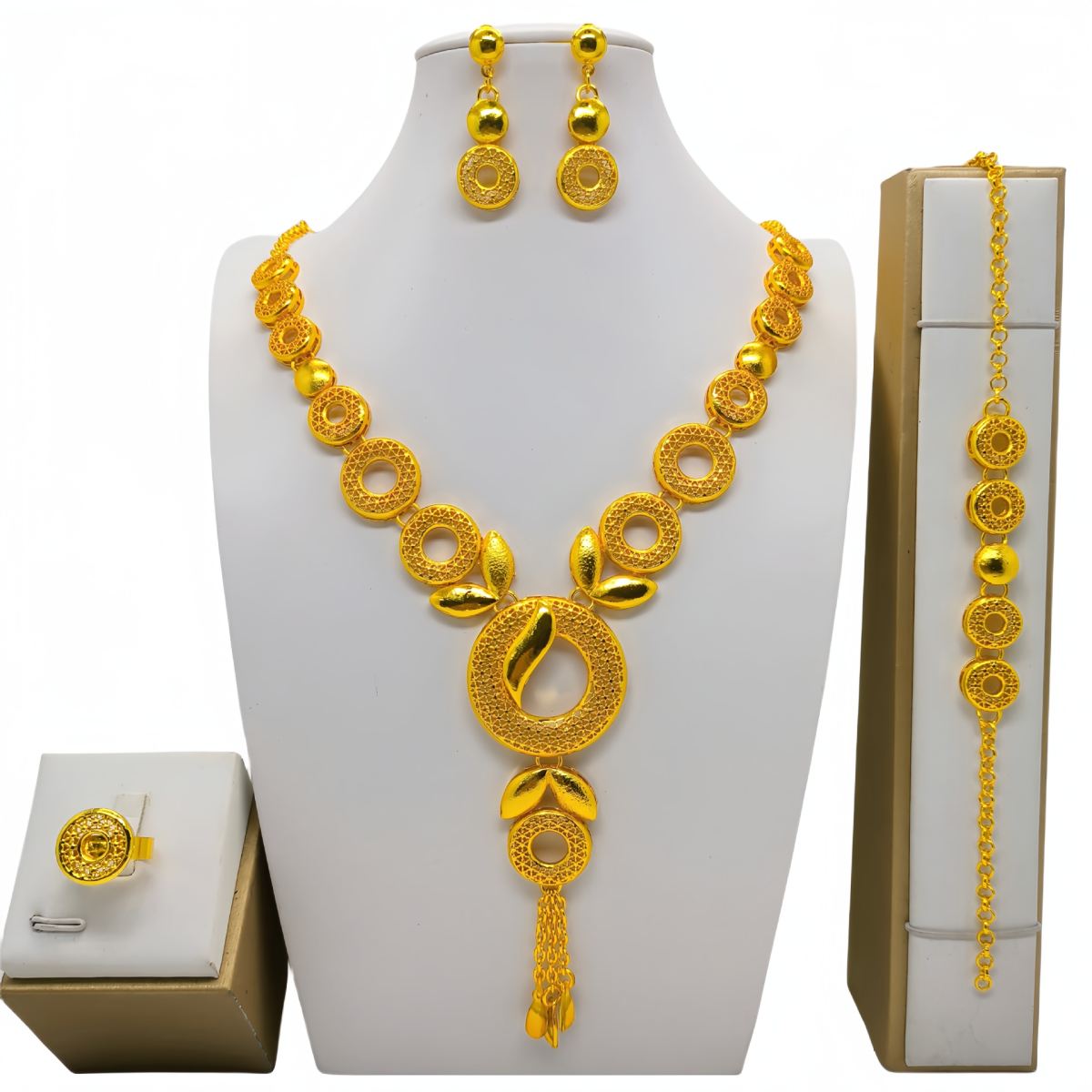 Saudi Arabia 24k Gold Accessories African Bridal Necklace Earring Ring Bracelet Suit
