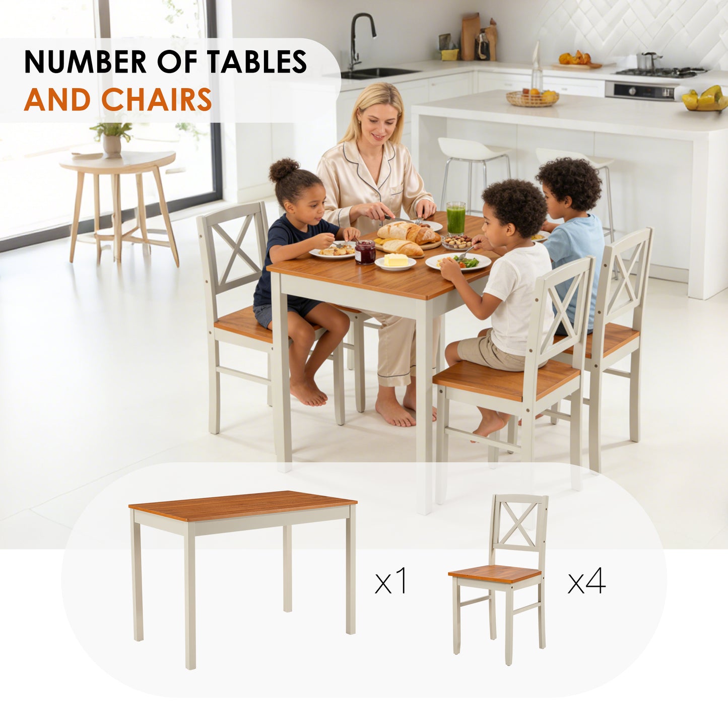 5-Piece Kitchen Dining Set, Solid Rubberwood Table & 4 Chairs, Grey & Dark Brown Space-Saving Design For Small Spaces, Easy To Clean, For Apartment & Restaurant