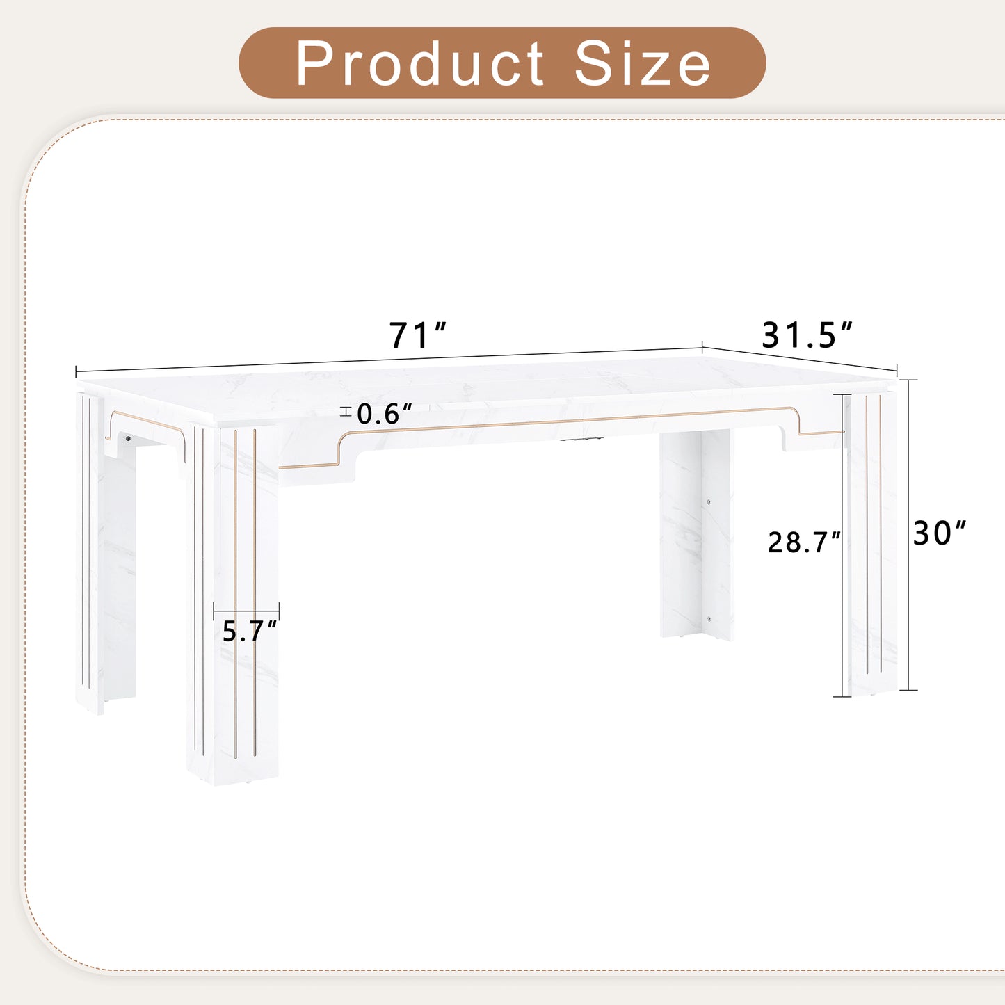 71 X 31.5 Inch White Marble Patterned MDF Spliced Tabletop Dining Table With Grooved Legs Design. Home Dining Table, Suitable For 6-8 People. Flexible Adaptation To Restaurants, Living Rooms, Etc.