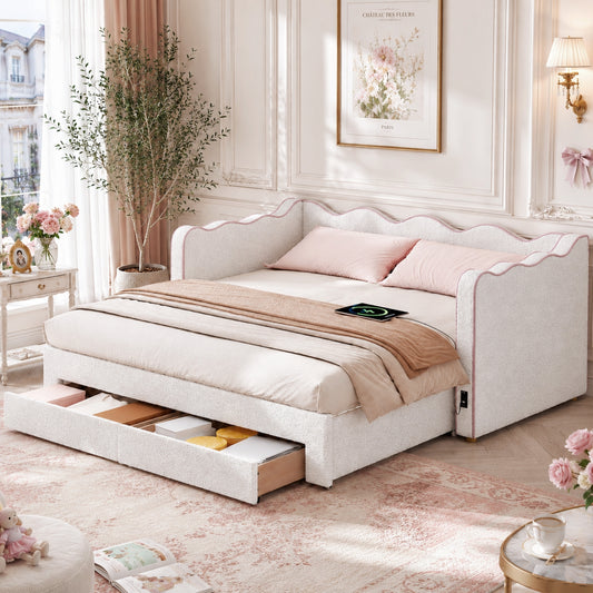 Daybed Sofa Bed With Pull-Out Trundle, Upholstered Single Bed 90 X 190 Cm Extends To 180 Cm, With 2 Storage Drawers, USB Charging Port & Padded Side Panels, Boucle, Beige
