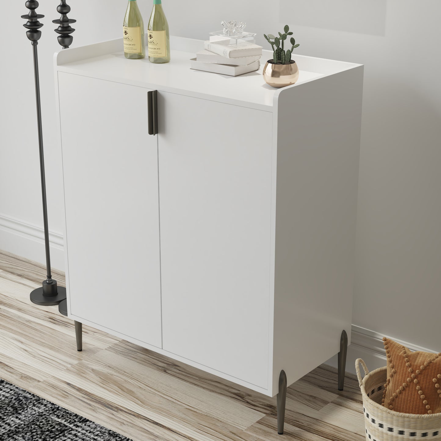2 Doors Home Wine Bar Cabinet With Wine Rack & Adjustable Storage Shelf, Modern Sideboard With Soft-closing Hinge, Dinning Room Buffet Cabinet, Liquor Cabinet Kitchen, Living Room Coffee Cart White