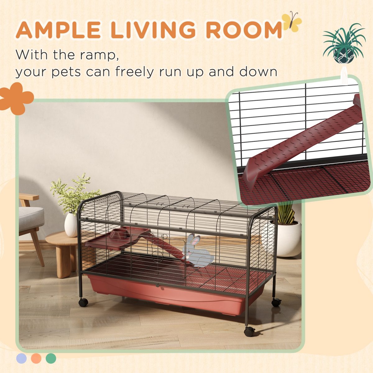 48" L Small Animal Cage, Pet Play House For Rabbit Hutch Or Ferret With Feeder, Rolling Wheels, Platform, Ramp