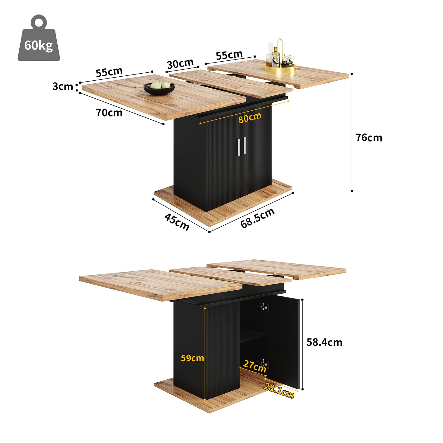 Telescopic Dining Table  140x70cm , Extendable Dining Table With Storage Shelf, Space-saving Kitchen Table, Dining Table With Three Shelves, Extendable Dining Table For Kitchen And Living Room, Natura