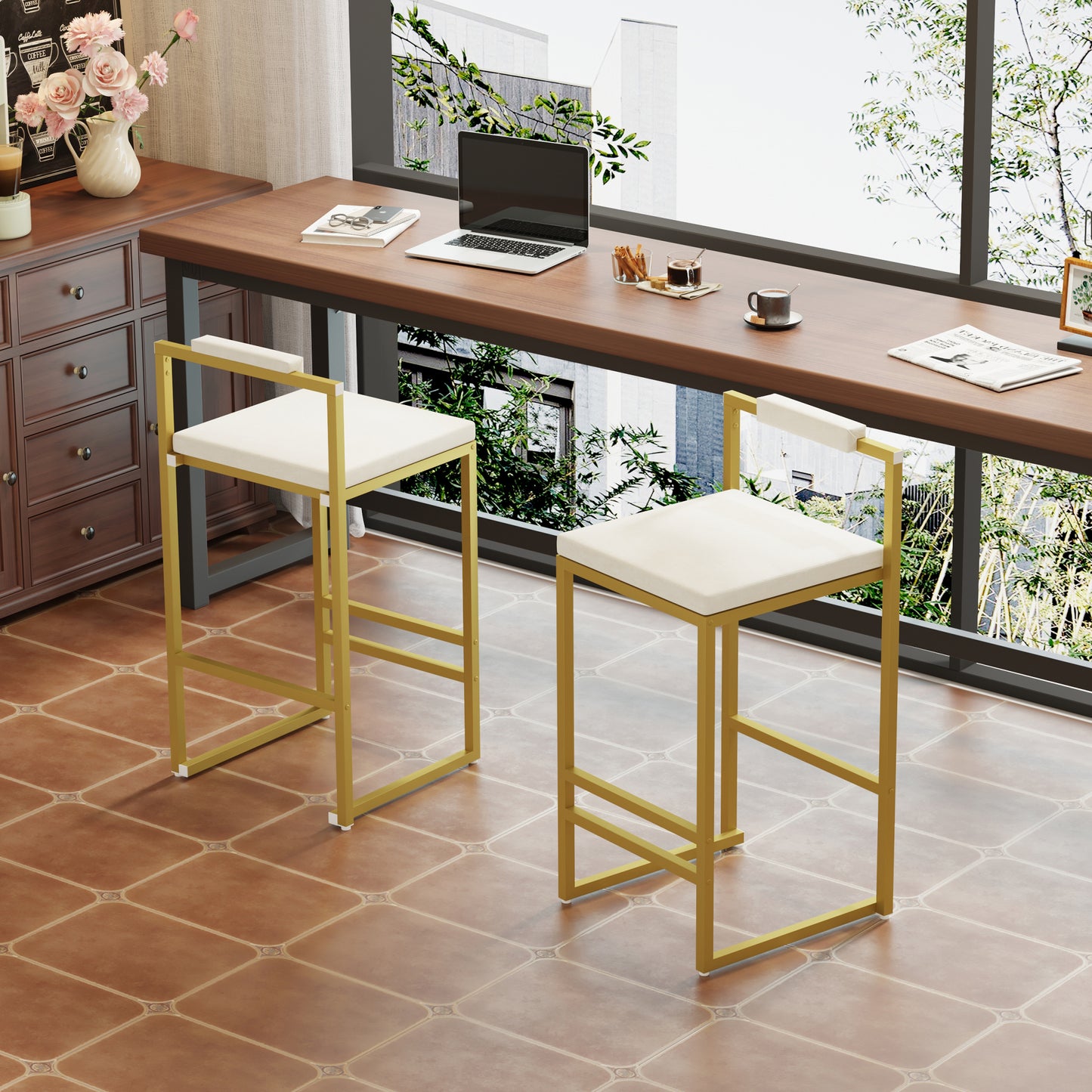 Upholstered Velvet Bar Stools Set Of 2 Modern Kitchen Counter Height Barstools Indoor Dining Chairs  Gold & Creamy White