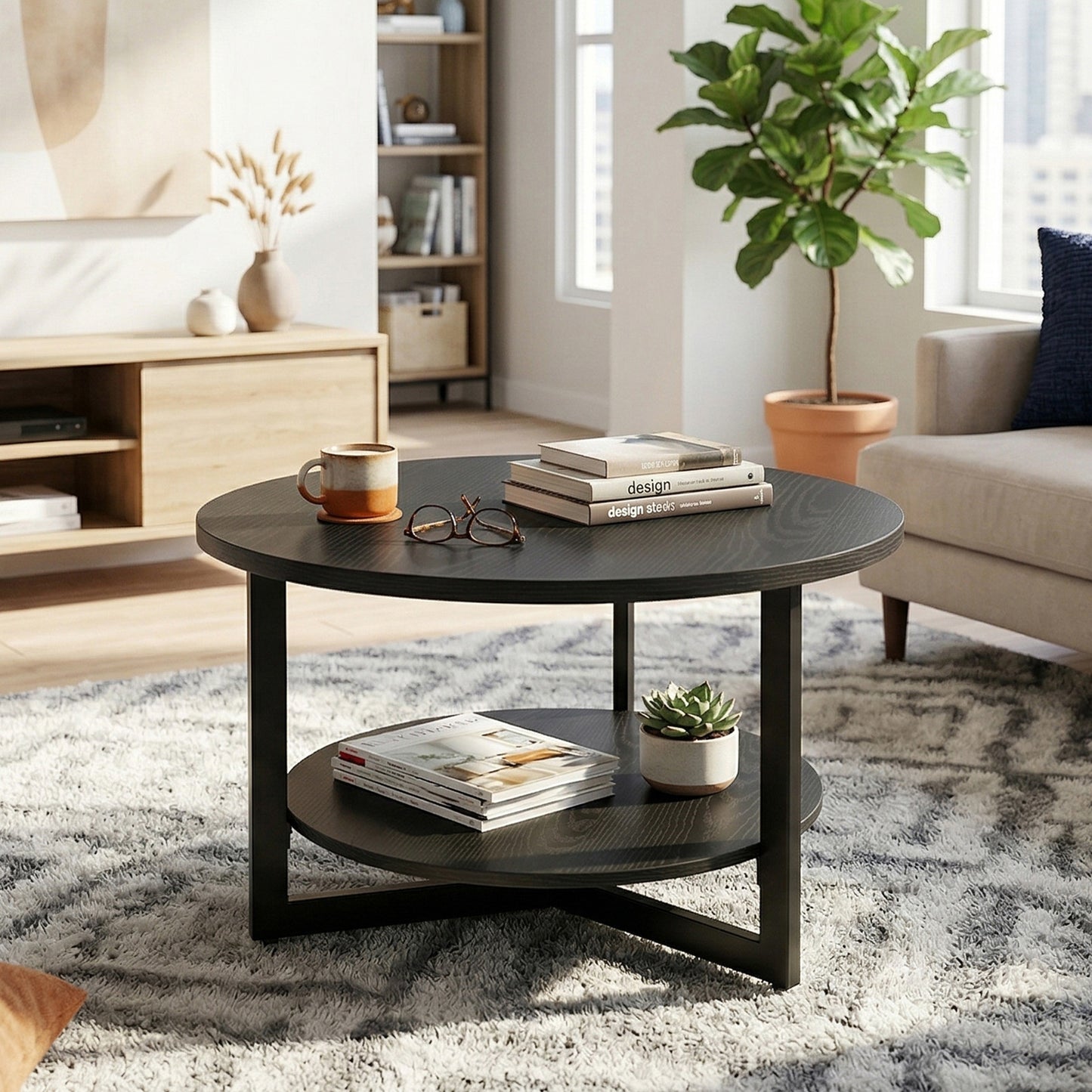 Coffee Table 31.5inch Black Industrial Modern 2 Tier Round Wood Center Table For Home Living Room