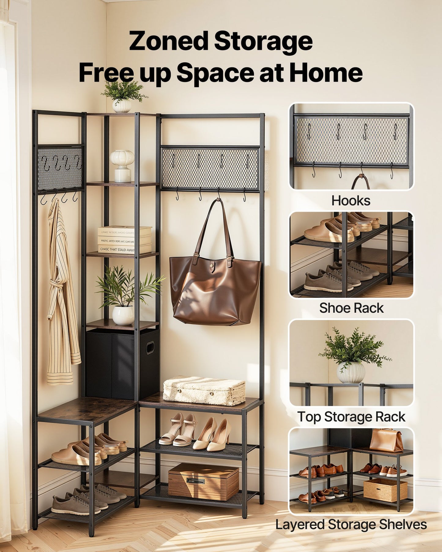 Corner Hall Tree With Shoe Bench, 70.9 In Coat Rack With Hooks And Steel Frame, Freestanding Clothes Shoes Rack Storage Organizer With Anti-Tip Set, For Entrance, Closet, Office, Rustic Brown