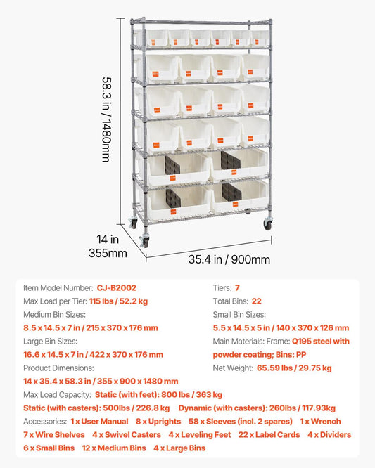 7-Tier Rolling Bin Storage Rack, 22 Organizer Bins, Bin Rack Storage Steel Wire Shelving System With Wheels, Mobile Tool Organizer For Garage, Warehouse, Office, Restaurant, Classroom, Kitchen