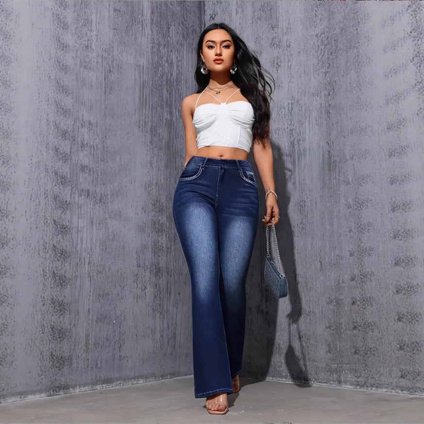 Stretchy Yoga And Fitness Leggings With A Denim-inspired Print