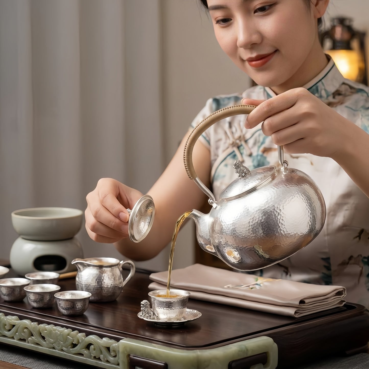 Pure 999 Fine Silver Hammered Silver Tea Kettle with Lion Finial and Rattan-Wrapped Handle - Handicraft