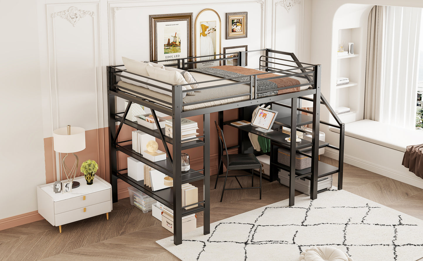 Loft Bed 140X200cm, Three-layer Storage Shelf, Desk, Wardrobe, Security Steps With Storage Compartment, High Fence Design, Iron Bed, Single Bed, Black