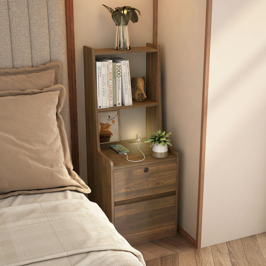 Nightstand With Charging Station, Smart Nightstand With Night Light, Modern Night Stand With Bookshelf, Bedside Tables With Storage Cabinet For Bedroom, Wood