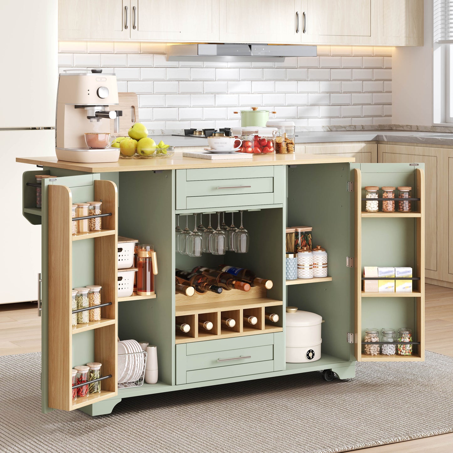 Kitchen Trolley With Folding Worktop, Kitchen Island On Wheels With Wine Rack, Glass Holder, Spice Rack & Towel Rack, 120x45 70x92cm, Green  Multifunctional Serving Trolley With Storage