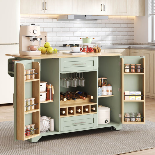 Kitchen Trolley With Folding Worktop, Kitchen Island On Wheels With Wine Rack, Glass Holder, Spice Rack & Towel Rack, 120x45 70x92cm, Green  Multifunctional Serving Trolley With Storage