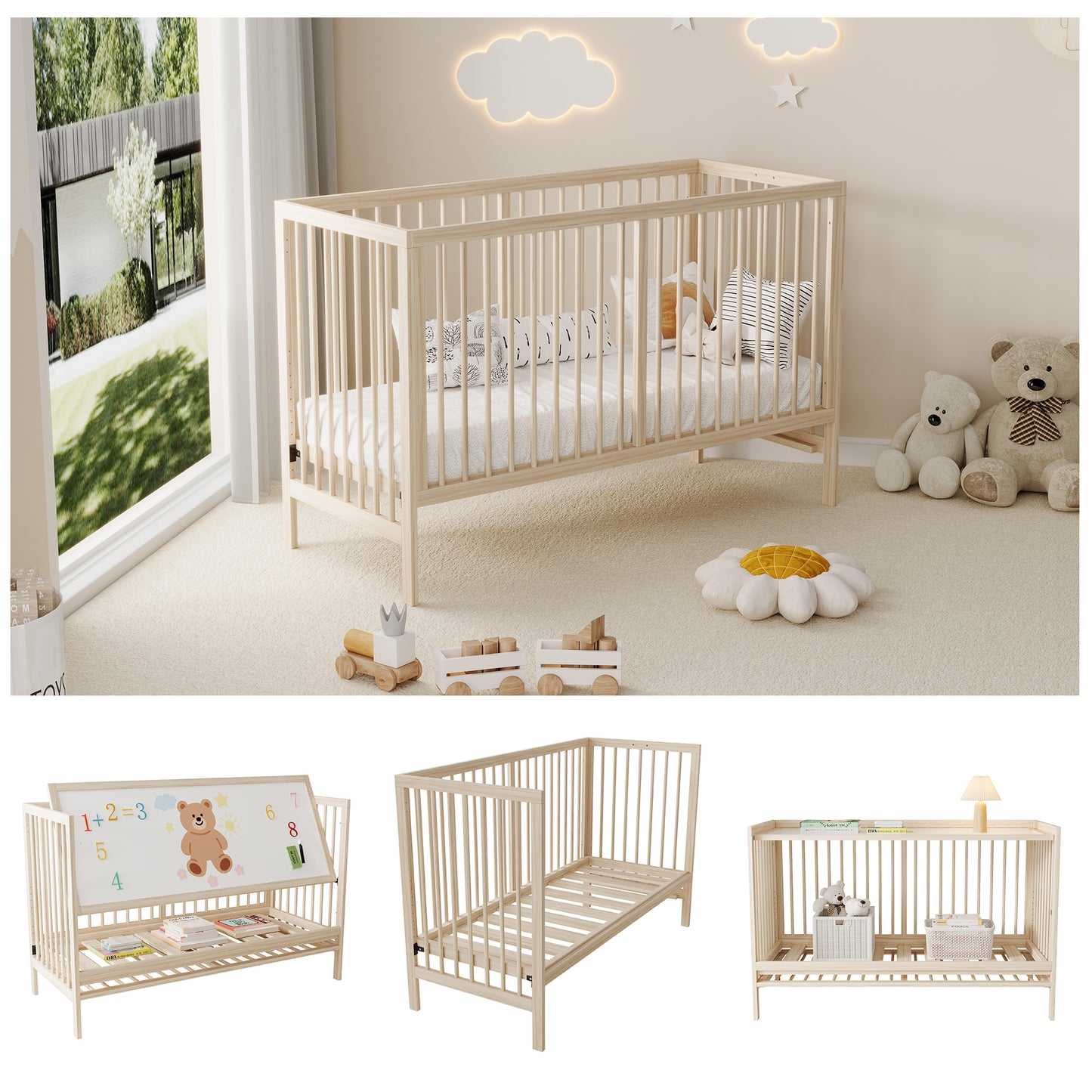 Wooden Baby Bed, Multifunctional Baby Bed, Convertible Into Co-sleeper, Easel & Desk, Multi-level Height Adjustable, Made Of Pine Wood, Natural Wood Colour, Without Mattress, 120x60x90 Cm