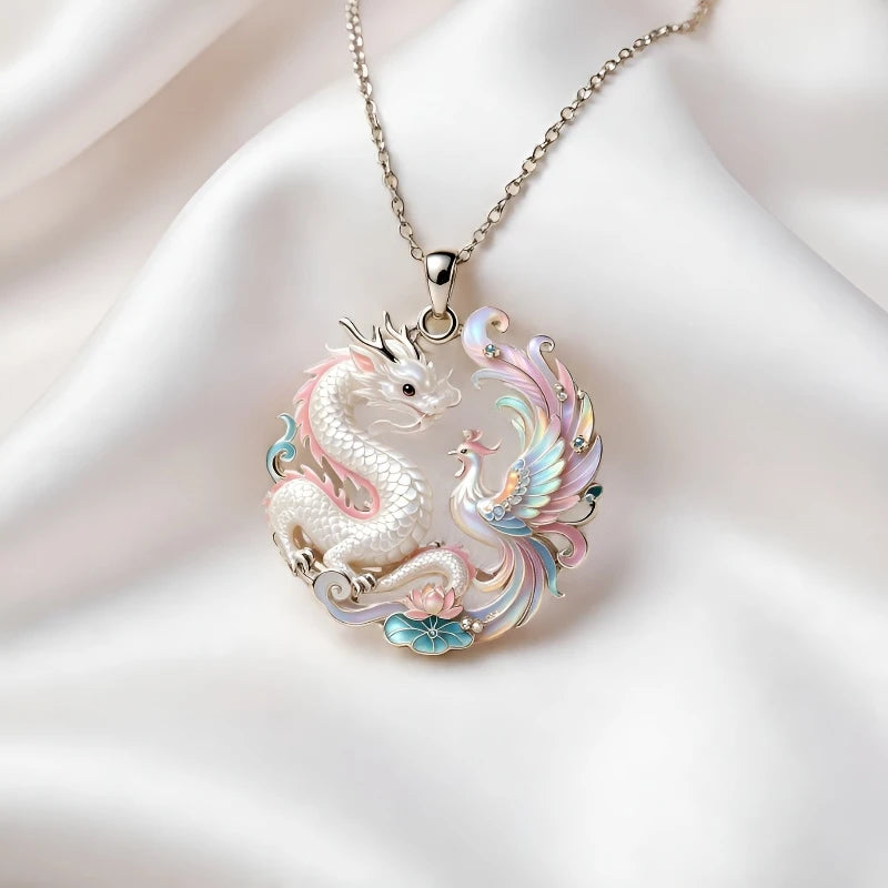 1pcs Gradient Enamel Hollow Dragon Phoenix Lotus Pendant Necklace, Elegant Oriental Style, For Daily Wedding Wear & Couple Lucky Holiday Gifts