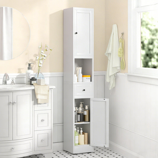 71 Inch Tall Bathroom Storage Cabinet, 5-Tier Narrow Metal Cabinet With 2 Doors & Adjustable Shelves, Freestanding Cabinet For Space Saving In Kitchen, Laundry Room, Pantry, White
